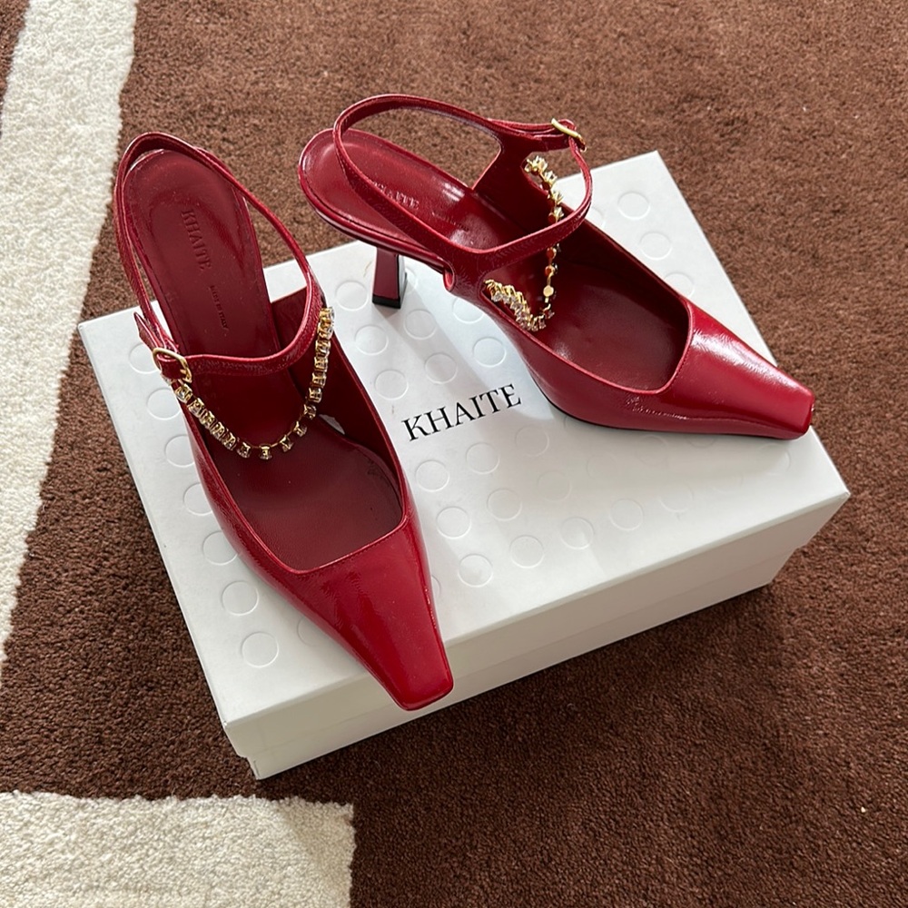 Khaite Women's Red Sidney Pump Heels with Gold Chain size 38